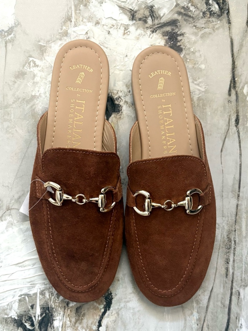 Italian Shoemakers Brown Suede Mule Slides with Gold Hardware
